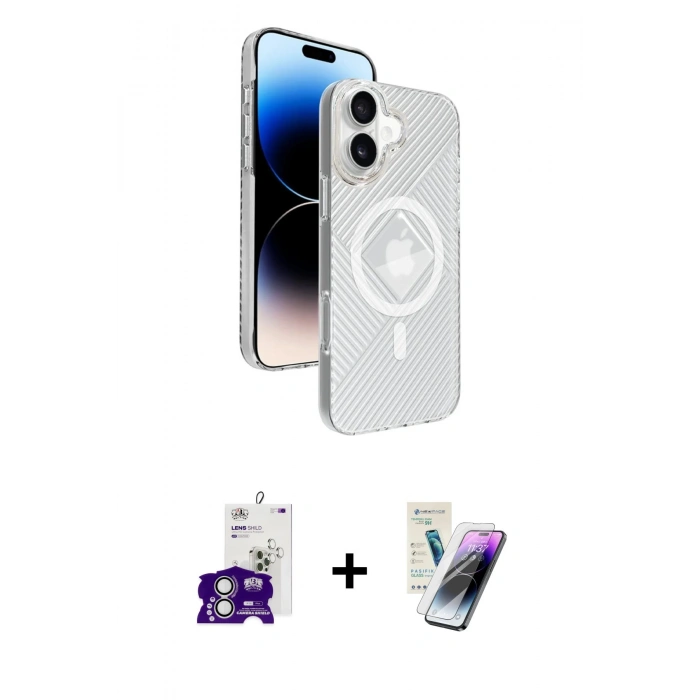MARSİLYAN™- iPhone 16 Kılıf Nova Modern Prime - Şeffaf Pasifik Cam Ekran Koruyucu + Bilvis Titan Kamera Lens - GS