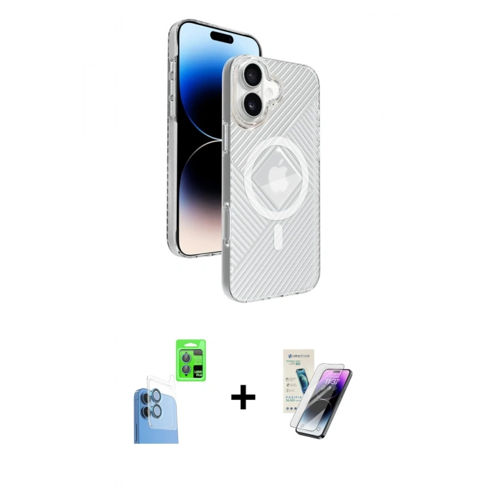 MARSİLYAN™- iPhone 16 Kılıf Nova Modern Prime - Şeffaf Pasifik Cam Ekran Koruyucu + Raze Metal Kamera Lens - LT