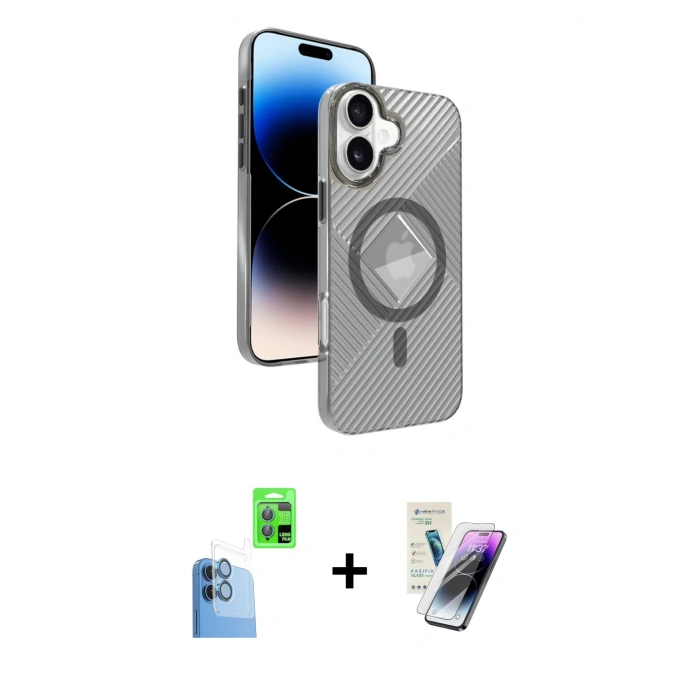 MARSİLYAN™- iPhone 16 Kılıf Nova Modern Prime - Şeffaf Pasifik Cam Ekran Koruyucu + Raze Metal Kamera Lens - LT