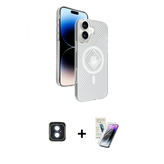 MARSİLYAN™- iPhone 16 Kılıf Nova Modern Prime - Şeffaf Pasifik Cam Ekran Koruyucu + Mavi PVD Metal Kamera Lens