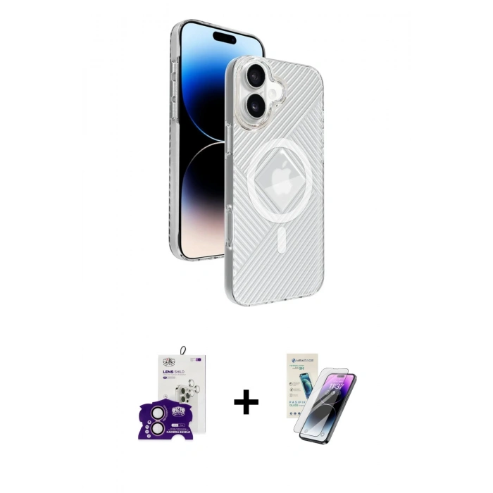 MARSİLYAN™- iPhone 16 Kılıf Nova Modern Prime - Şeffaf Pasifik Cam Ekran Koruyucu + Bilvis Titan Kamera Lens - PE