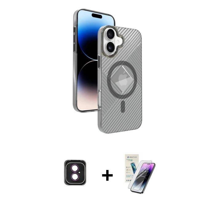 MARSİLYAN™- iPhone 16 Kılıf Nova Modern Prime - Şeffaf Pasifik Cam Ekran Koruyucu + PVD Metal Kamera Lens - PE