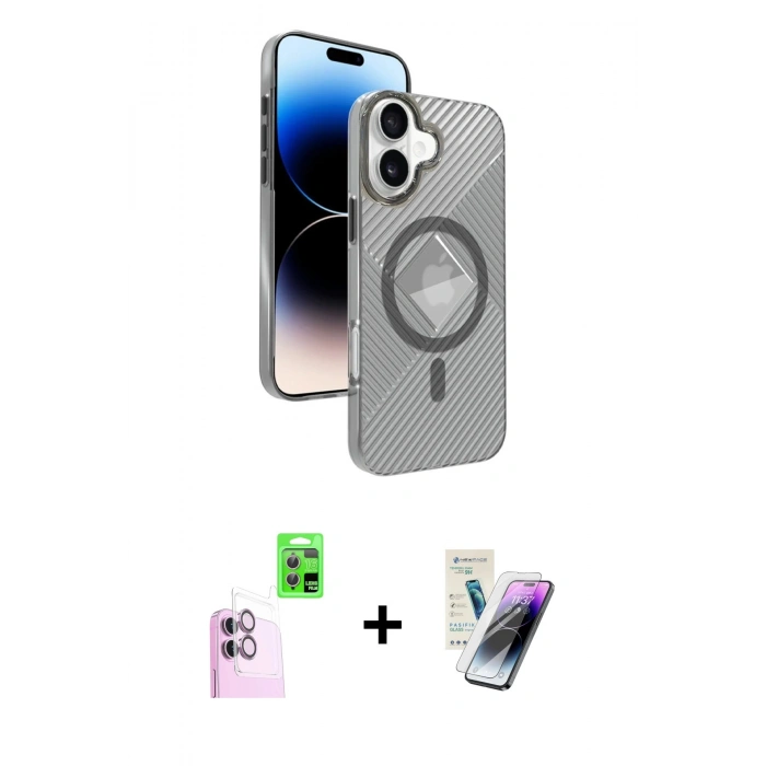 MARSİLYAN™- iPhone 16 Kılıf Nova Modern Prime - Şeffaf Pasifik Cam Ekran Koruyucu + Raze Metal Kamera Lens - PE