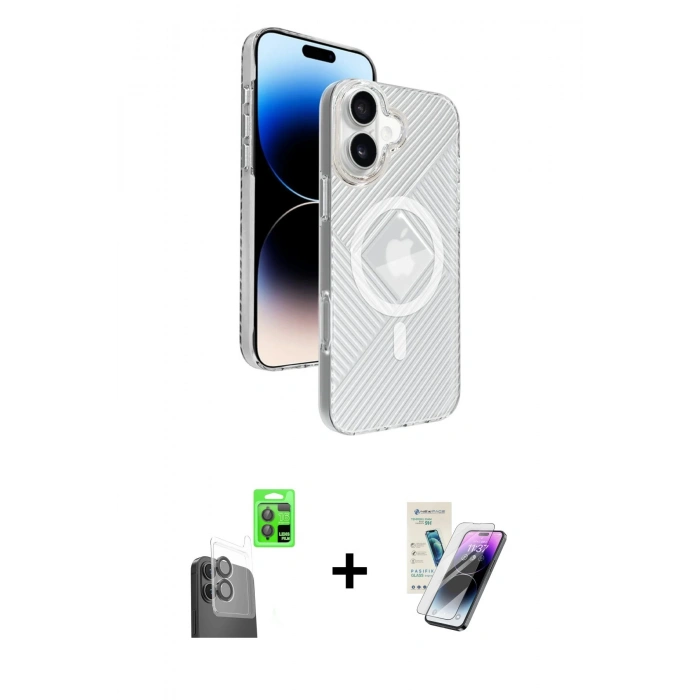 MARSİLYAN™- iPhone 16 Kılıf Nova Modern Prime - Şeffaf Pasifik Cam Ekran Koruyucu + Raze Metal Kamera Lens - SH