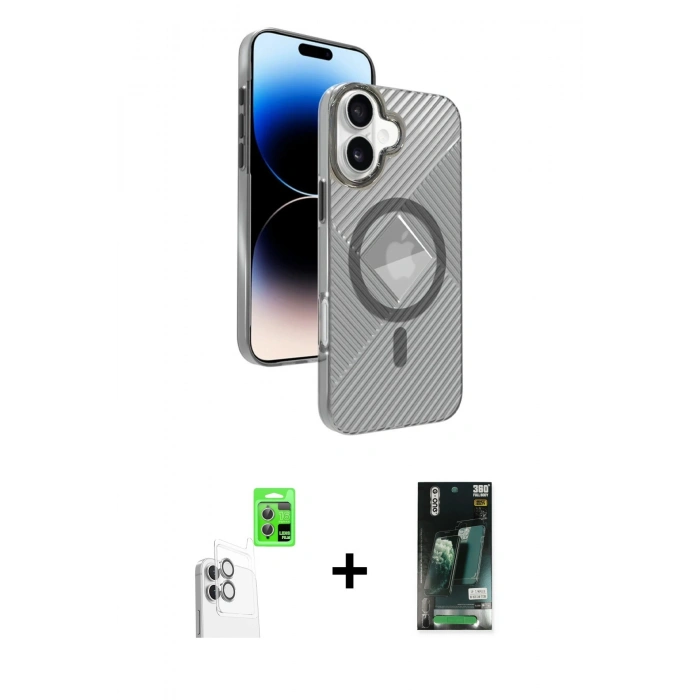 MARSİLYAN™- iPhone 16 Kılıf Nova Modern Prime - Siyah 360 Mat Full Body Arka Koruyucu + Raze Metal Kamera Lens - BZ