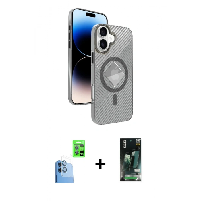 MARSİLYAN™- iPhone 16 Kılıf Nova Modern Prime - Siyah 360 Mat Full Body Arka Koruyucu + Raze Metal Kamera Lens - LT