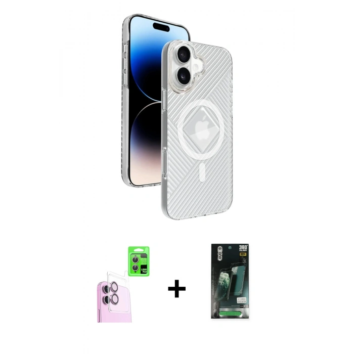 MARSİLYAN™- iPhone 16 Kılıf Nova Modern Prime - Siyah 360 Mat Full Body Arka Koruyucu + Pembe Raze Metal Kamera Lens