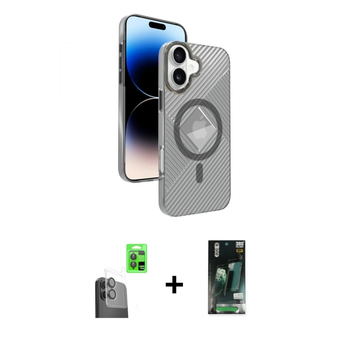 MARSİLYAN™- iPhone 16 Kılıf Nova Modern Prime - Siyah 360 Mat Full Body Arka Koruyucu + Raze Metal Kamera Lens - SH