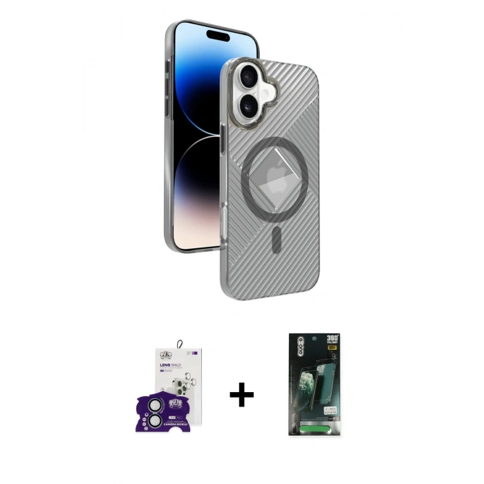 MARSİLYAN™- iPhone 16 Kılıf Nova Modern Prime - Siyah 360 Mat Full Body Arka Koruyucu + Yeşil Bilvis Titan Kamera Lens