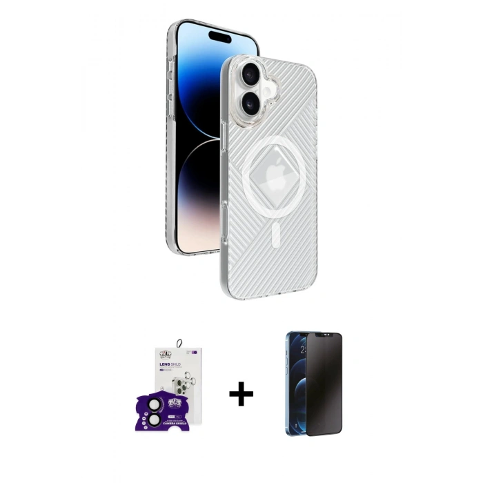 MARSİLYAN™- iPhone 16 Kılıf Nova Modern Prime - Siyah 3D Antistatik Hayalet Cam Ekran Koruyucu + Bilvis Titan Kamera Lens - SH