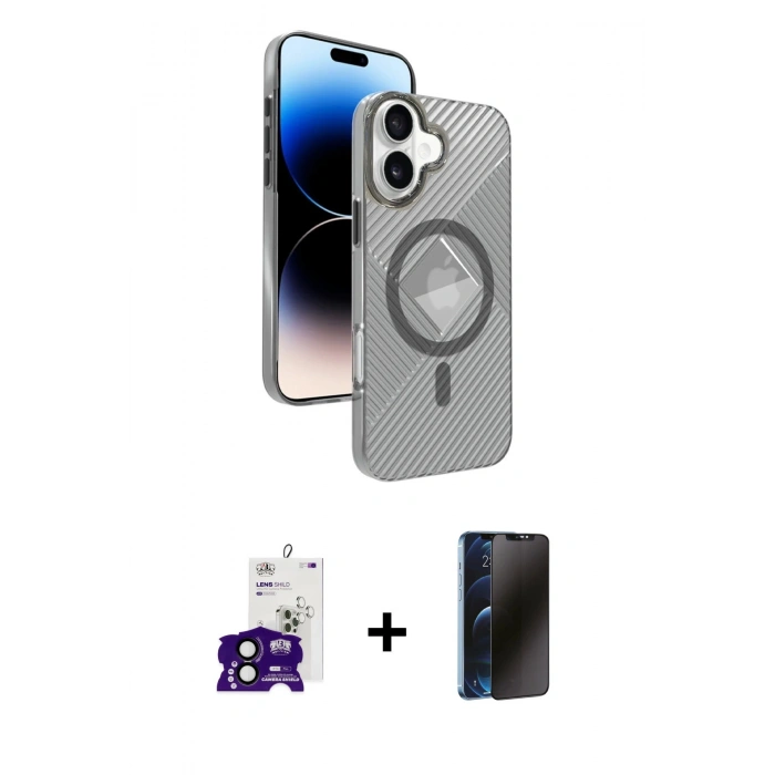MARSİLYAN™- iPhone 16 Kılıf Nova Modern Prime - Siyah 3D Antistatik Hayalet Cam Ekran Koruyucu + Bilvis Titan Kamera Lens - SH