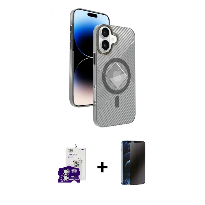 MARSİLYAN™- iPhone 16 Kılıf Nova Modern Prime - Siyah 3D Antistatik Hayalet Cam Ekran Koruyucu + Bilvis Titan Kamera Lens - GS