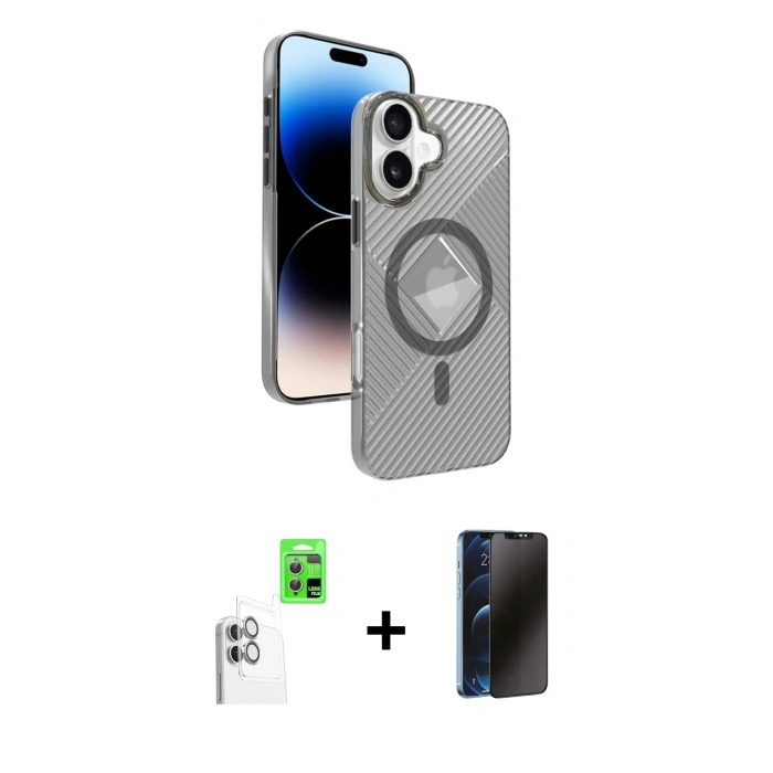 MARSİLYAN™- iPhone 16 Kılıf Nova Modern Prime - Siyah 3D Antistatik Hayalet Cam Ekran Koruyucu + Raze Metal Kamera Lens - BZ