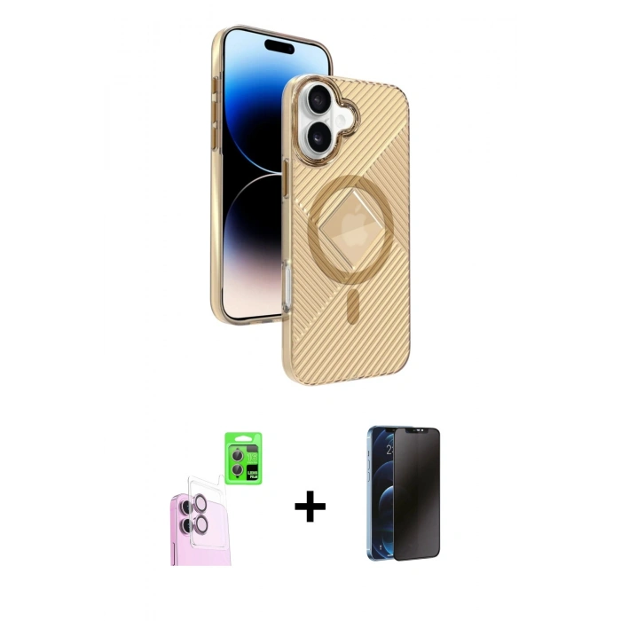 MARSİLYAN™- iPhone 16 Kılıf Nova Modern Prime - Siyah 3D Antistatik Hayalet Cam Ekran Koruyucu + Raze Metal Kamera Lens - PE