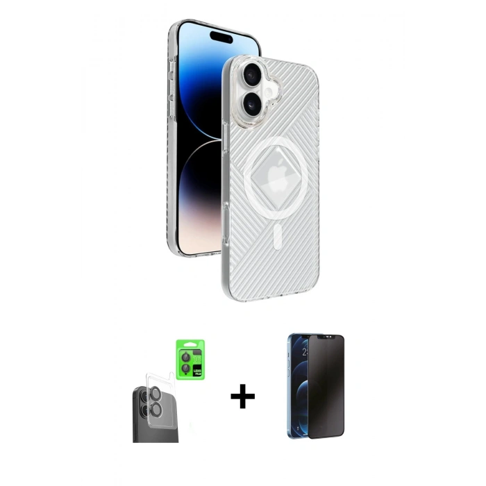 MARSİLYAN™- iPhone 16 Kılıf Nova Modern Prime - Siyah 3D Antistatik Hayalet Cam Ekran Koruyucu + Raze Metal Kamera Lens - SH