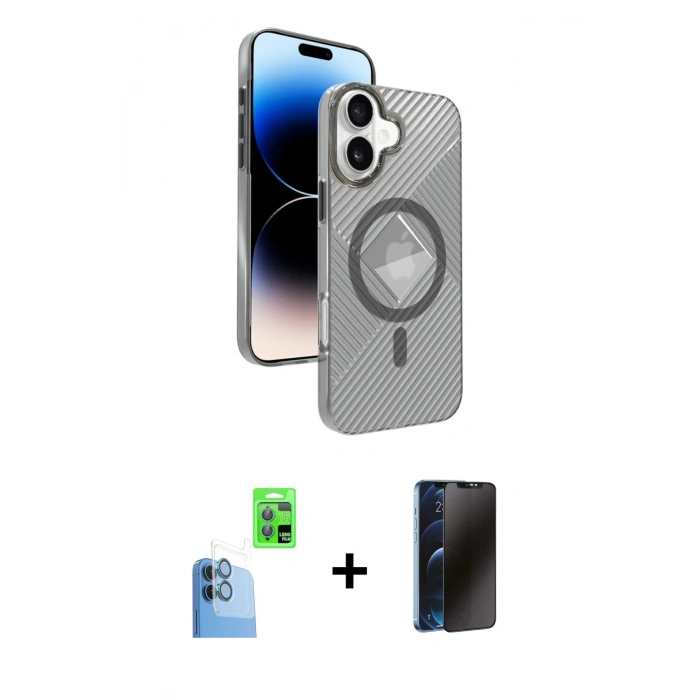 MARSİLYAN™- iPhone 16 Kılıf Nova Modern Prime - Siyah 3D Antistatik Hayalet Cam Ekran Koruyucu + Raze Metal Kamera Lens - LT