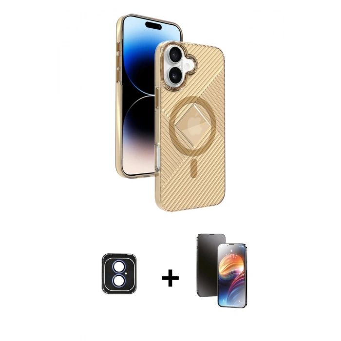 MARSİLYAN™- iPhone 16 Kılıf Nova Modern Prime - Siyah 3D Antistatik Mat Seramik Nano Ekran Koruyucu + Mavi PVD Metal Kamera Lens