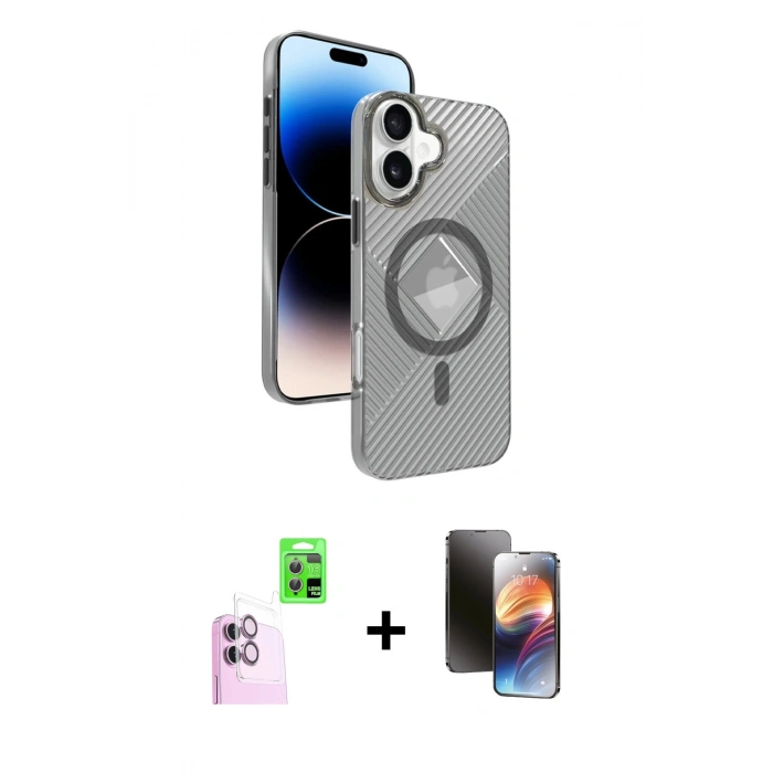 MARSİLYAN™- iPhone 16 Kılıf Nova Modern Prime - Siyah 3D Antistatik Mat Seramik Nano Ekran Koruyucu + Pembe Raze Metal Kamera Lens
