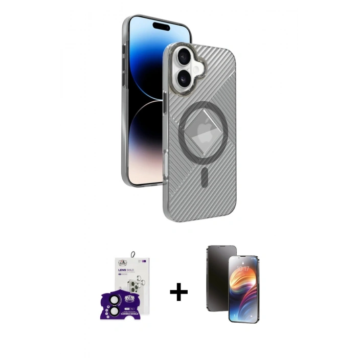 MARSİLYAN™- iPhone 16 Kılıf Nova Modern Prime - Siyah 3D Antistatik Mat Seramik Nano Ekran Koruyucu + Siyah Bilvis Titan Kamera Lens