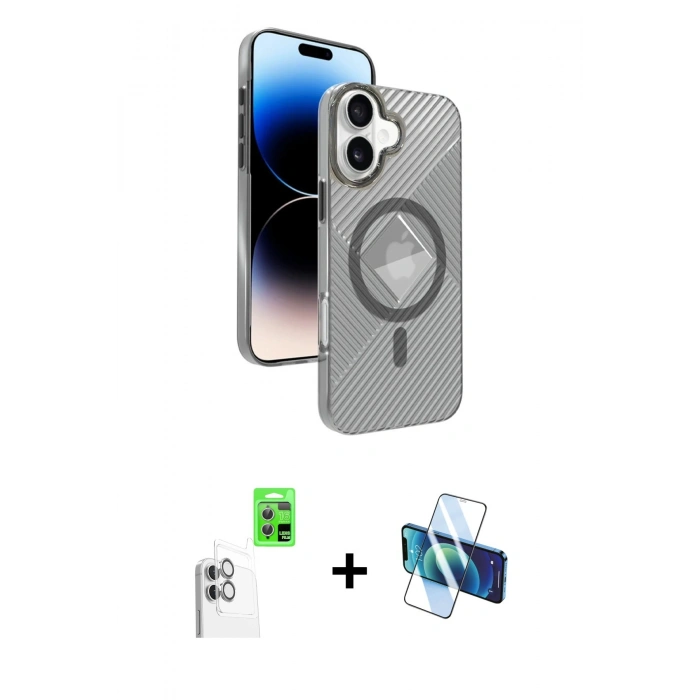 MARSİLYAN™- iPhone 16 Kılıf Nova Modern Prime - Siyah 3D Antistatik Seramik Nano Ekran Koruyucu + Raze Metal Kamera Lens - BZ