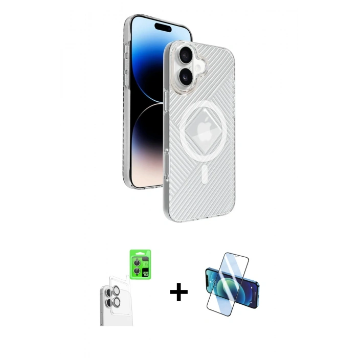 MARSİLYAN™- iPhone 16 Kılıf Nova Modern Prime - Siyah 3D Antistatik Seramik Nano Ekran Koruyucu + Raze Metal Kamera Lens - BZ