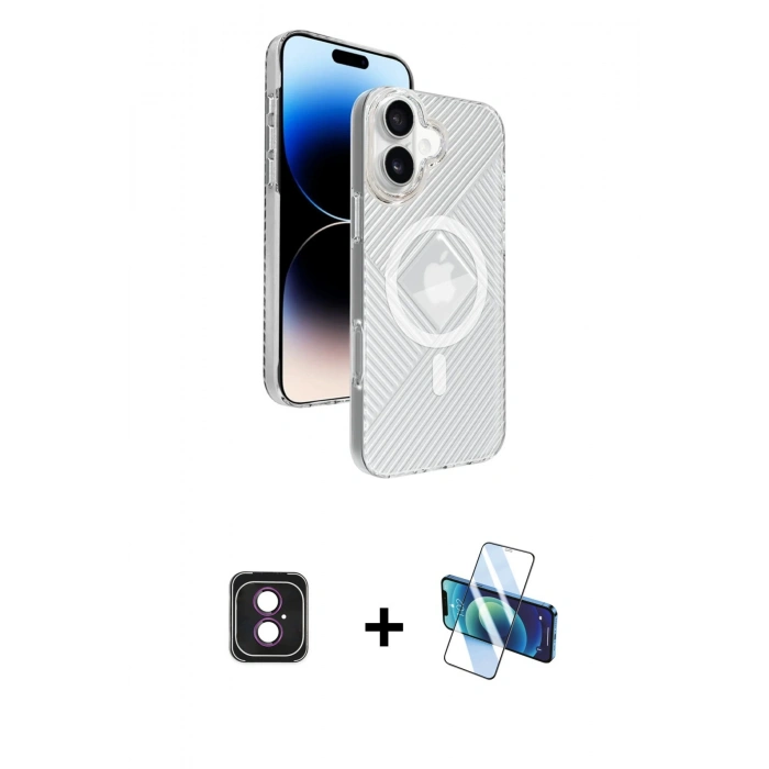 MARSİLYAN™- iPhone 16 Kılıf Nova Modern Prime - Siyah 3D Antistatik Seramik Nano Ekran Koruyucu + PVD Metal Kamera Lens - PE