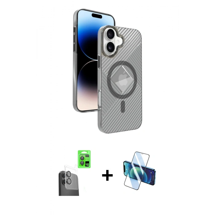 MARSİLYAN™- iPhone 16 Kılıf Nova Modern Prime - Siyah 3D Antistatik Seramik Nano Ekran Koruyucu + Siyah Raze Metal Kamera Lens