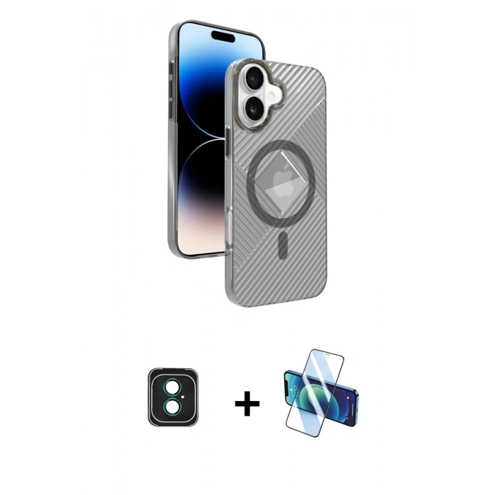 MARSİLYAN™- iPhone 16 Kılıf Nova Modern Prime - Siyah 3D Antistatik Seramik Nano Ekran Koruyucu + PVD Metal Kamera Lens - YL