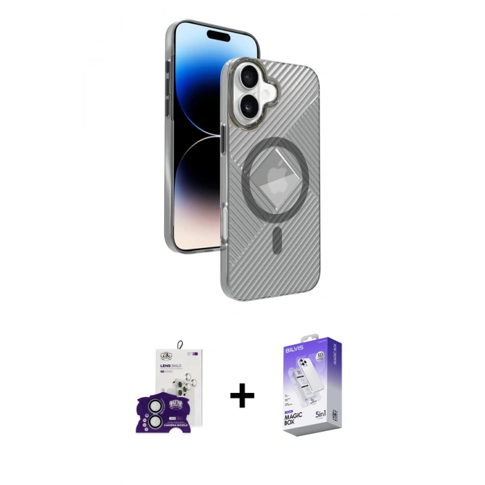 MARSİLYAN™- iPhone 16 Kılıf Nova Modern Prime - Siyah Bilvis 5in1 3D Magic Cam Ekran Koruyucu + Bilvis Titan Kamera Lens - YL