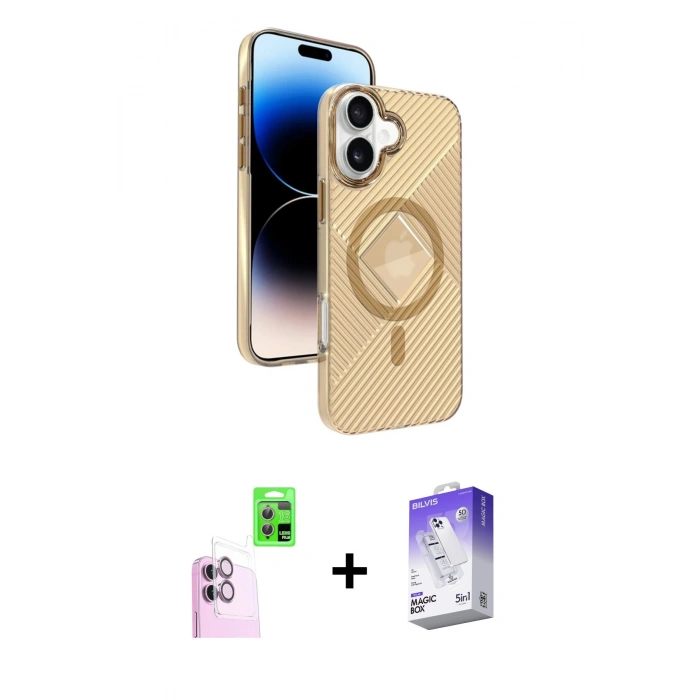 MARSİLYAN™- iPhone 16 Kılıf Nova Modern Prime - Siyah Bilvis 5in1 3D Magic Cam Ekran Koruyucu + Pembe Raze Metal Kamera Lens