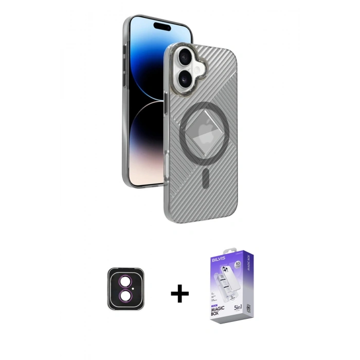 MARSİLYAN™- iPhone 16 Kılıf Nova Modern Prime - Siyah Bilvis 5in1 3D Magic Cam Ekran Koruyucu + PVD Metal Kamera Lens - PE