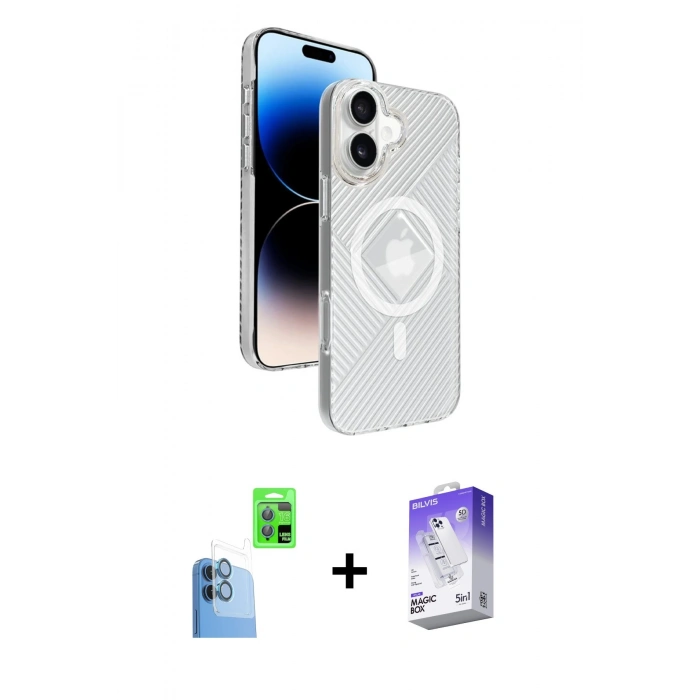 MARSİLYAN™- iPhone 16 Kılıf Nova Modern Prime - Siyah Bilvis 5in1 3D Magic Cam Ekran Koruyucu + Raze Metal Kamera Lens - LT