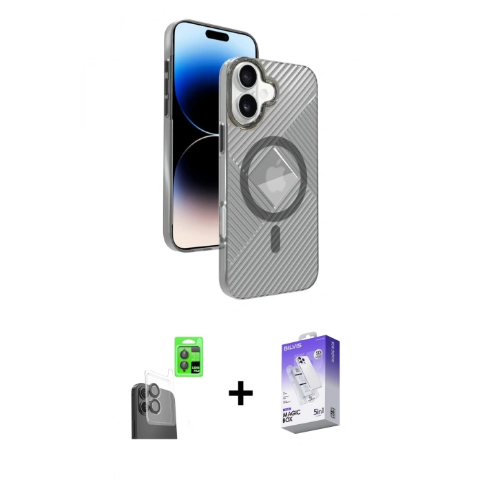 MARSİLYAN™- iPhone 16 Kılıf Nova Modern Prime - Siyah Bilvis 5in1 3D Magic Cam Ekran Koruyucu + Siyah Raze Metal Kamera Lens