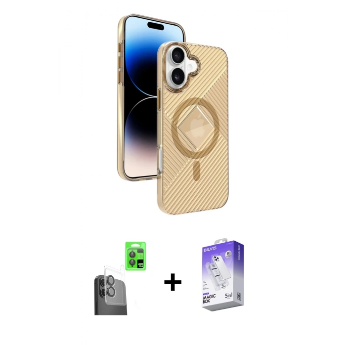 MARSİLYAN™- iPhone 16 Kılıf Nova Modern Prime - Siyah Bilvis 5in1 3D Magic Cam Ekran Koruyucu + Siyah Raze Metal Kamera Lens