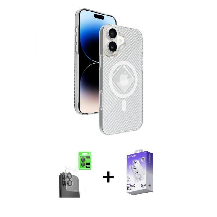 MARSİLYAN™- iPhone 16 Kılıf Nova Modern Prime - Siyah Bilvis 5in1 3D Magic Cam Ekran Koruyucu + Siyah Raze Metal Kamera Lens