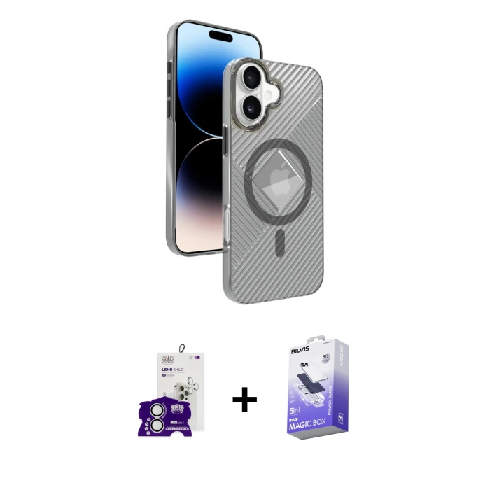 MARSİLYAN™- iPhone 16 Kılıf Nova Modern Prime - Siyah Bilvis 5in1 5D Magic Hayalet Cam Ekran Koruyucu + Bilvis Titan Kamera Lens - GS