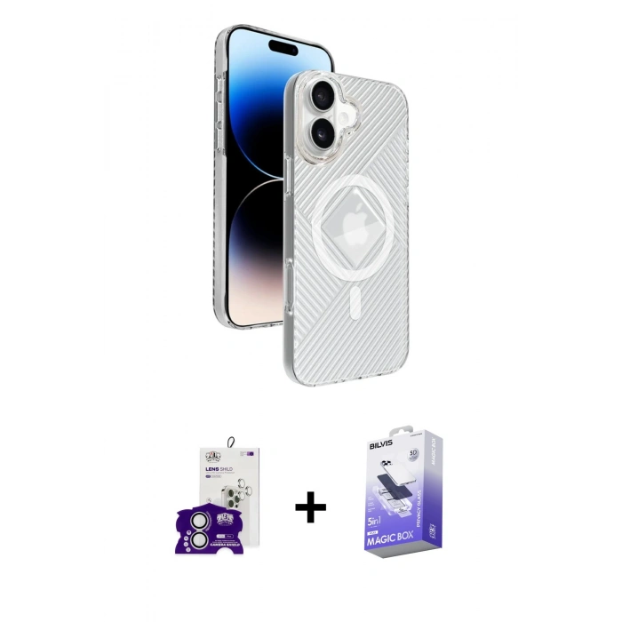 MARSİLYAN™- iPhone 16 Kılıf Nova Modern Prime - Siyah Bilvis 5in1 5D Magic Hayalet Cam Ekran Koruyucu + Bilvis Titan Kamera Lens - GS