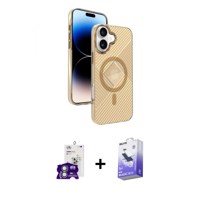 MARSİLYAN™- iPhone 16 Kılıf Nova Modern Prime - Siyah Bilvis 5in1 5D Magic Hayalet Cam Ekran Koruyucu + Bilvis Titan Kamera Lens - GS