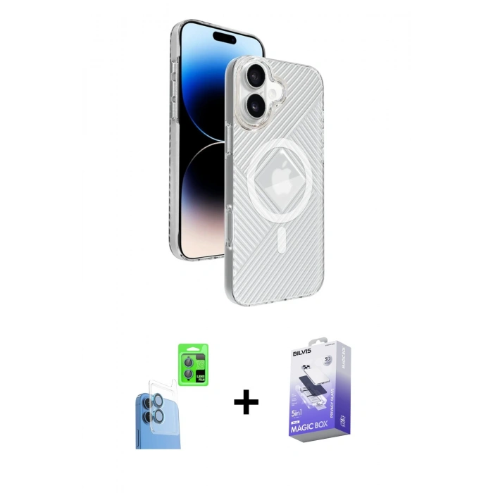 MARSİLYAN™- iPhone 16 Kılıf Nova Modern Prime - Siyah Bilvis 5in1 5D Magic Hayalet Cam Ekran Koruyucu + Raze Metal Kamera Lens - LT