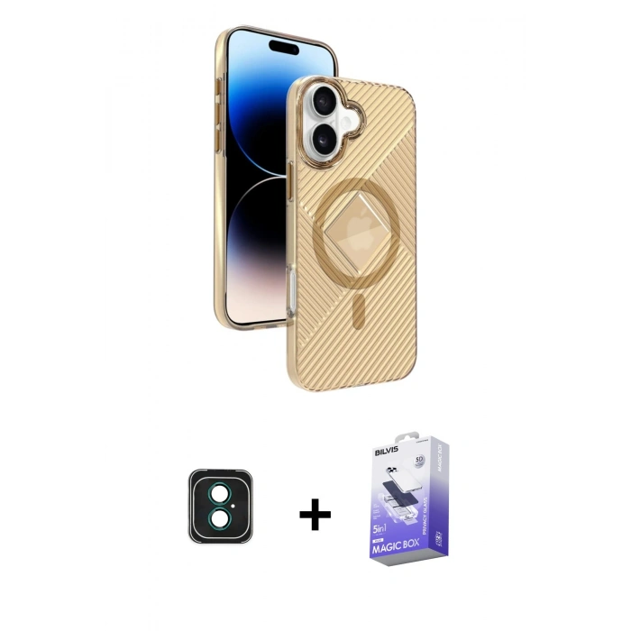MARSİLYAN™- iPhone 16 Kılıf Nova Modern Prime - Siyah Bilvis 5in1 5D Magic Hayalet Cam Ekran Koruyucu + PVD Metal Kamera Lens - YL