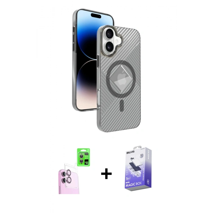 MARSİLYAN™- iPhone 16 Kılıf Nova Modern Prime - Siyah Bilvis 5in1 5D Magic Hayalet Cam Ekran Koruyucu + Raze Metal Kamera Lens - PE