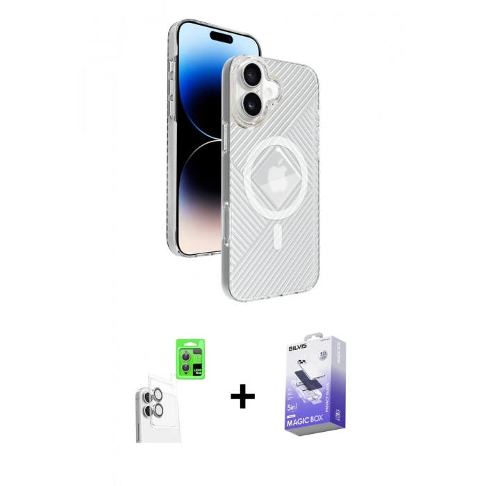 MARSİLYAN™- iPhone 16 Kılıf Nova Modern Prime - Siyah Bilvis 5in1 5D Magic Hayalet Cam Ekran Koruyucu + Raze Metal Kamera Lens - BZ