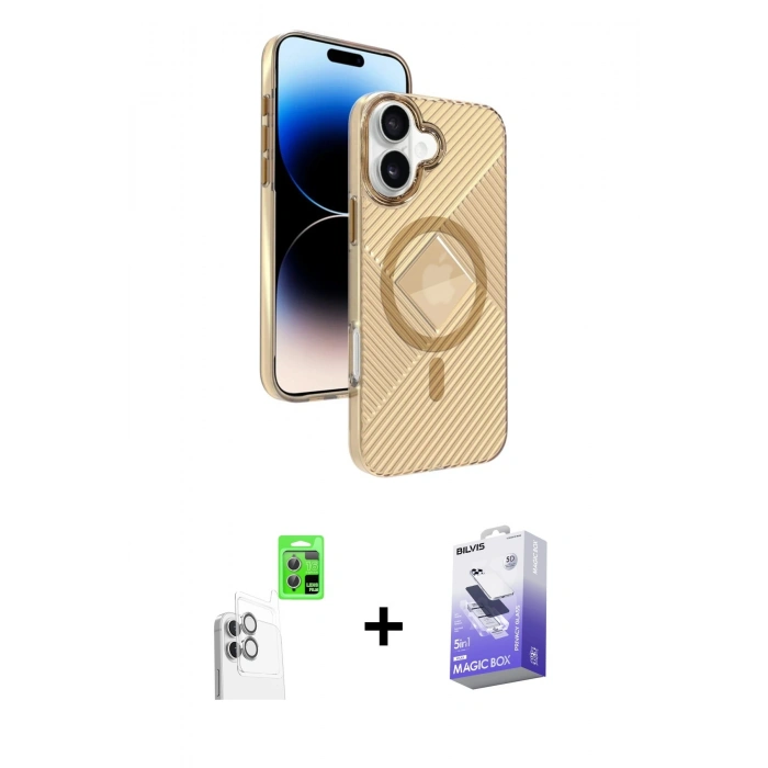 MARSİLYAN™- iPhone 16 Kılıf Nova Modern Prime - Siyah Bilvis 5in1 5D Magic Hayalet Cam Ekran Koruyucu + Raze Metal Kamera Lens - BZ