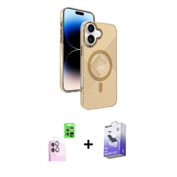 MARSİLYAN™- iPhone 16 Kılıf Nova Modern Prime - Siyah Bilvis 5in1 5D Magic Hayalet Cam Ekran Koruyucu + Raze Metal Kamera Lens - PE