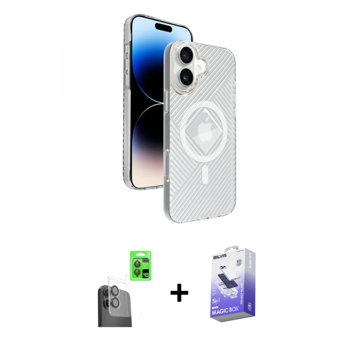 MARSİLYAN™- iPhone 16 Kılıf Nova Modern Prime - Siyah Bilvis 5in1 5D Magic Hayalet Cam Ekran Koruyucu + Raze Metal Kamera Lens - SH