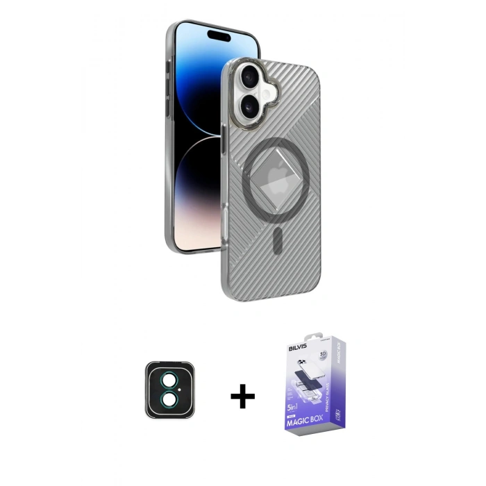 MARSİLYAN™- iPhone 16 Kılıf Nova Modern Prime - Siyah Bilvis 5in1 5D Magic Hayalet Cam Ekran Koruyucu + Yeşil PVD Metal Kamera Lens
