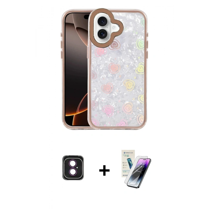 MARSİLYAN™- iPhone 16 Kılıf Odak Prime - Şeffaf Pasifik Cam Ekran Koruyucu + PVD Metal Kamera Lens - PE