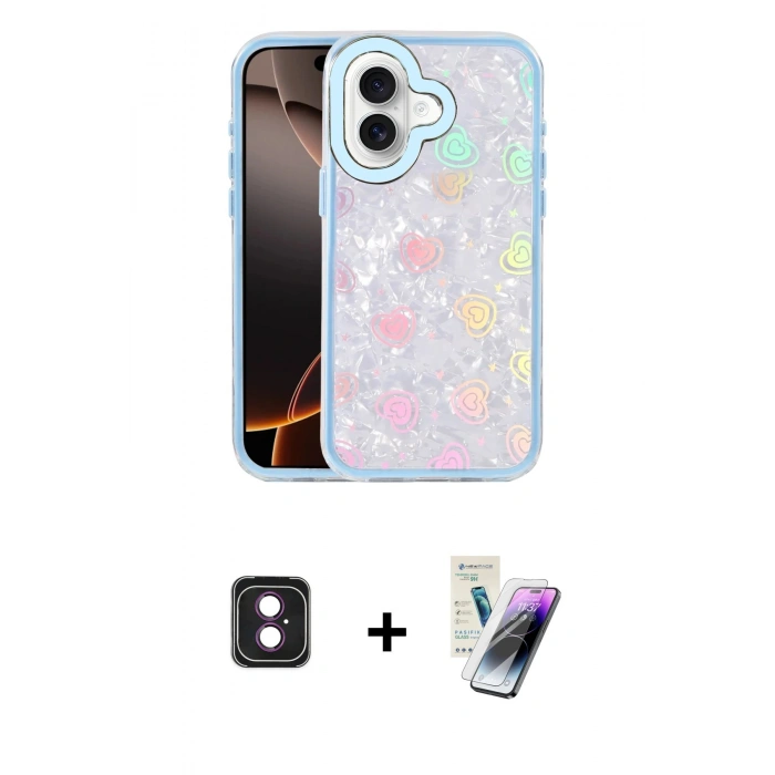 MARSİLYAN™- iPhone 16 Kılıf Odak Prime - Şeffaf Pasifik Cam Ekran Koruyucu + PVD Metal Kamera Lens - PE