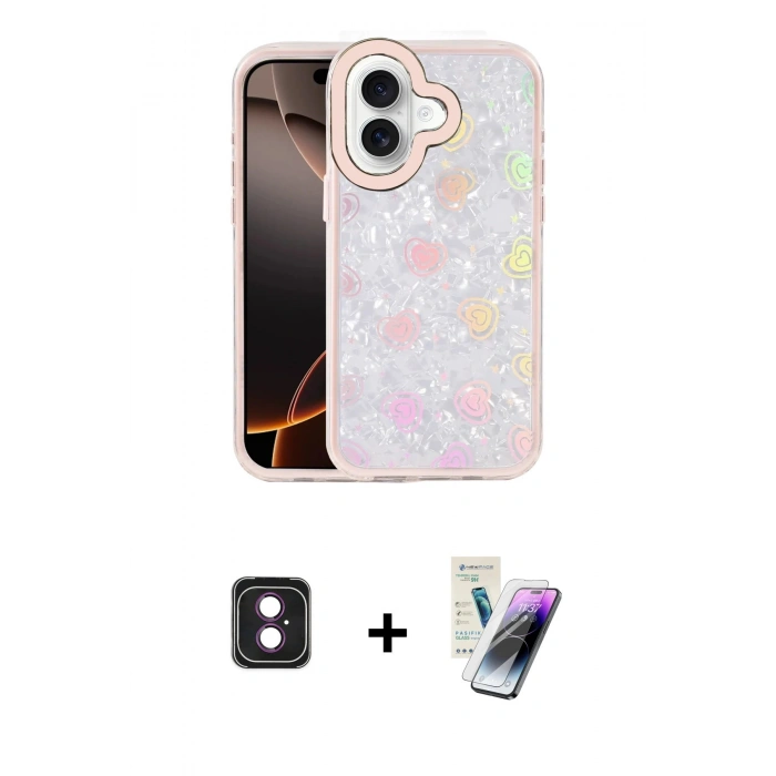MARSİLYAN™- iPhone 16 Kılıf Odak Prime - Şeffaf Pasifik Cam Ekran Koruyucu + PVD Metal Kamera Lens - PE