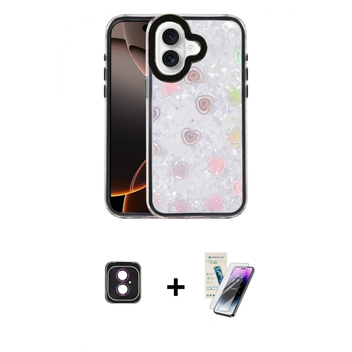 MARSİLYAN™- iPhone 16 Kılıf Odak Prime - Şeffaf Pasifik Cam Ekran Koruyucu + PVD Metal Kamera Lens - PE